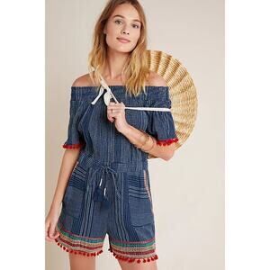 THML x Anthropologie Lacey Pommed Off Shoulder Romper Blue Red Womens Size XS
